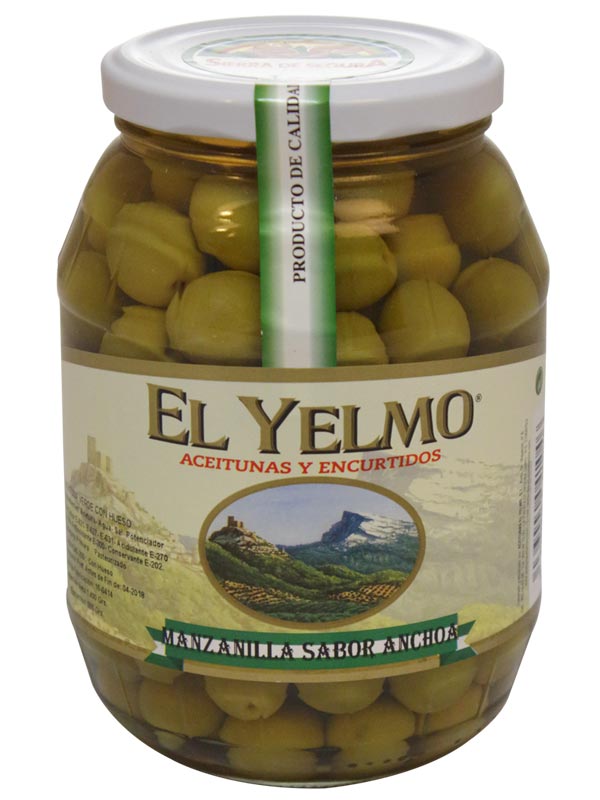 Aceitunas Manzanilla sabor anchoa con hueso EL YELMO 400GR Puerta de Segura Andalucía Bons Olis