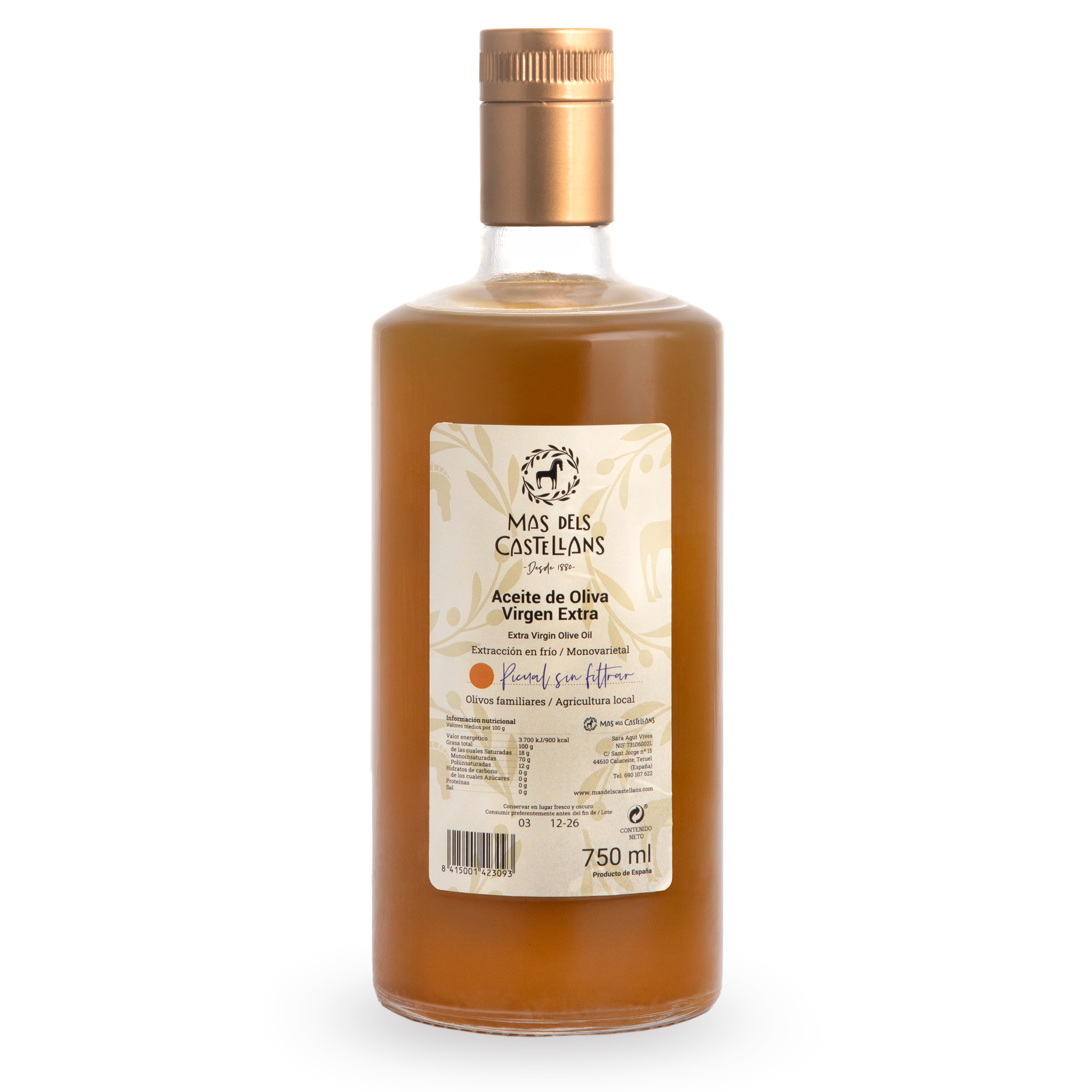Aceite de Oliva Virgen Extra Sin Filtrar Picual Mas dels Castellans 0,75L Calaceite Aragón