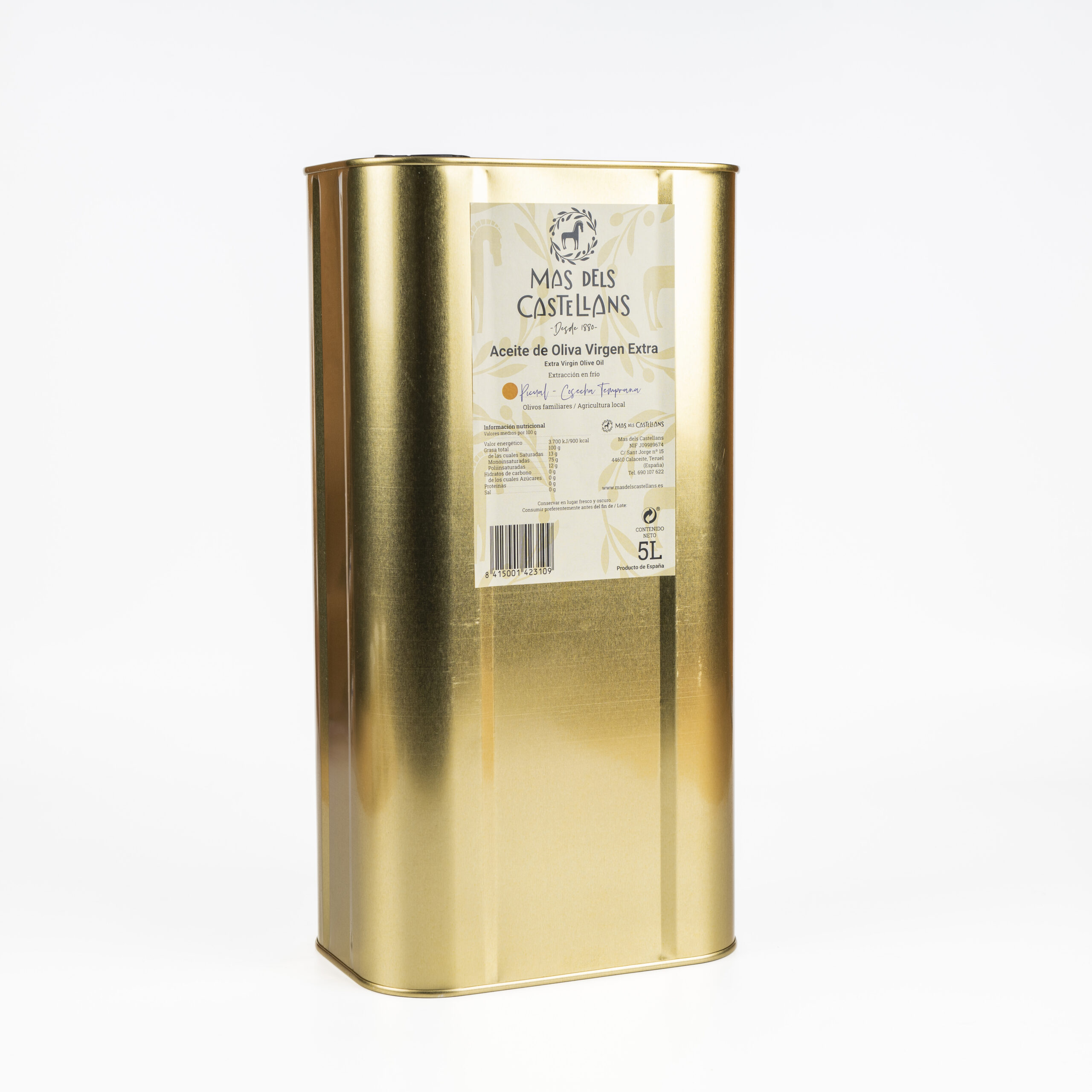 Aceite de Oliva Virgen Extra Extracción en frío Mas dels Castellans Picual cosecha temprana lata 5L Calaceite Matarraña