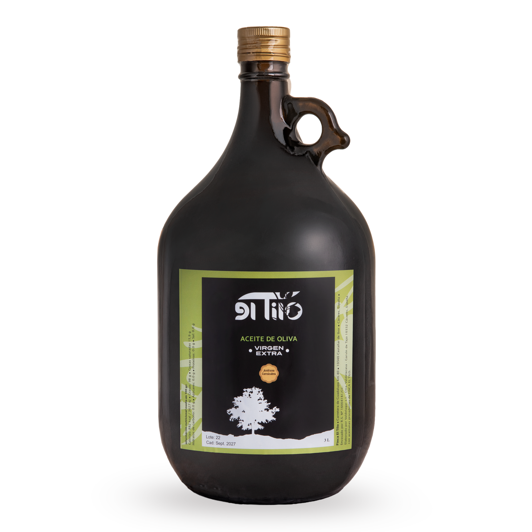 Aceite de Oliva Virgen Extra Extracción en frío El Tilo vidrio 3L Cornicabra Castañar de Ibor Cáceres