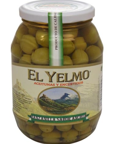 Aceitunas Manzanilla sabor anchoa con hueso EL YELMO 400GR Puerta de Segura Andalucía Bons Olis